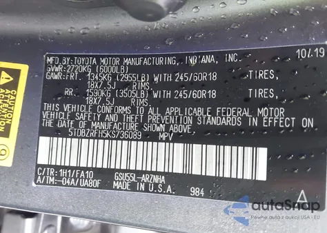 2019 Toyota Highlander Le Plus из США, поврежденный, VIN 5TDBZRFH5KS736089